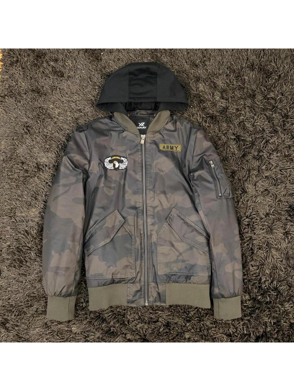XRAY camo bomber jacket with hoodie and patches